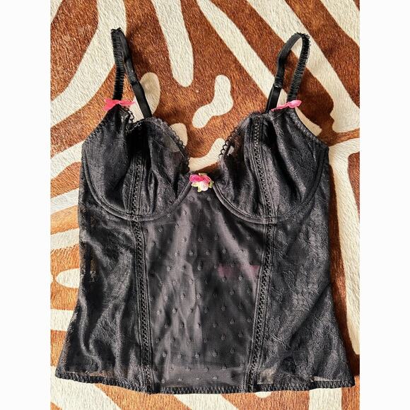 Y2K Betsey Johnson Black Polka Dot Lace Corset With Pink Bows 34C - Picture 1 of 5